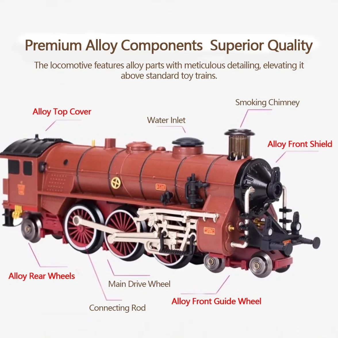 Ensemble de train électrique, modèle de locomotive en alliage avec wagon et longue voie, sifflet/contrôle de la fumée, cadeau amusant pour adolescents et adultes (modèle 22918/rouge)