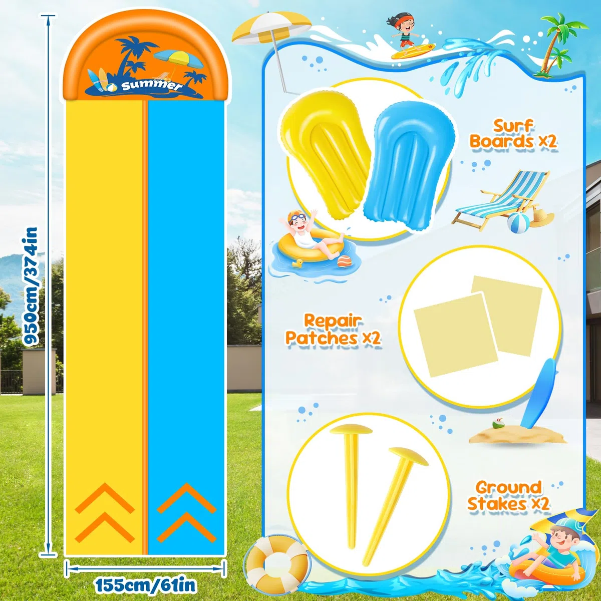 JONRRYIN 950cm Toboggan Aquatique, 155cm Toboggan de pelouse avec Arroseur Doubletoboggan à Eau avec 2 Planches Gonflables pour Pelouse et Jeux d'eau en Extérieur