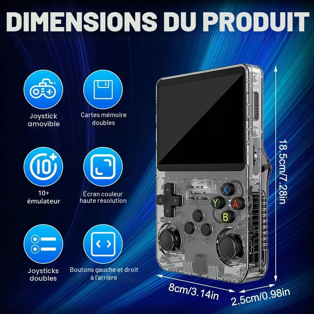 R36s Console de jeu portable, rétro, avec écran de 3,5 ", carte TF de 64 Go et plus de 15 000 jeux classiques, portable, noire