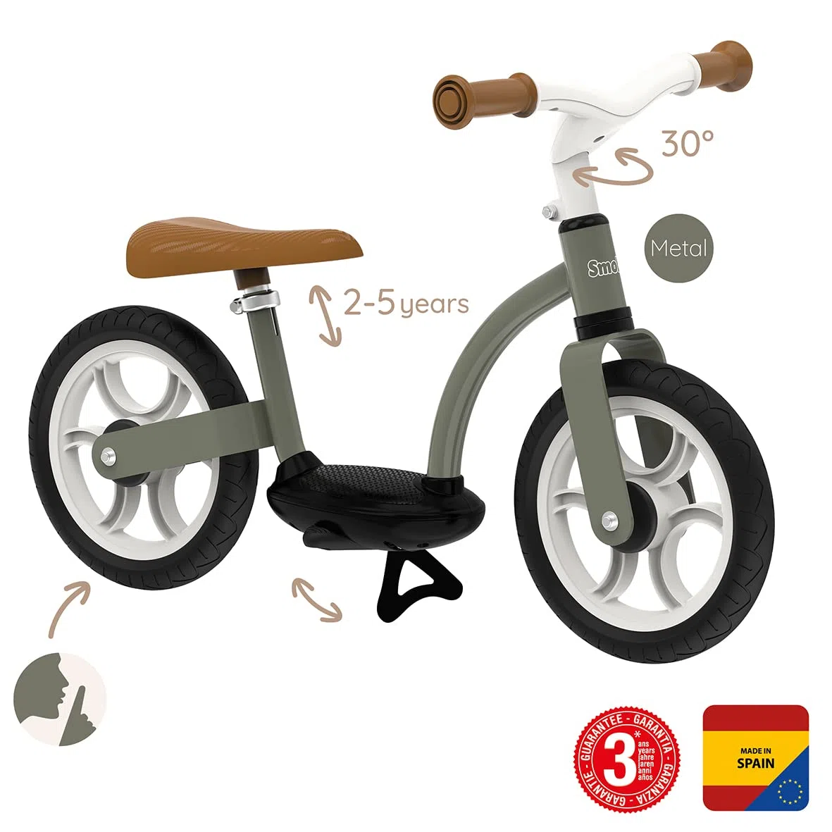Smoby - Draisienne Confort - Roues Silencieuses - Facile à Manier - Repose-Pieds + Béquille Intégrée - Selle Réglable - A Partir de 2 Ans