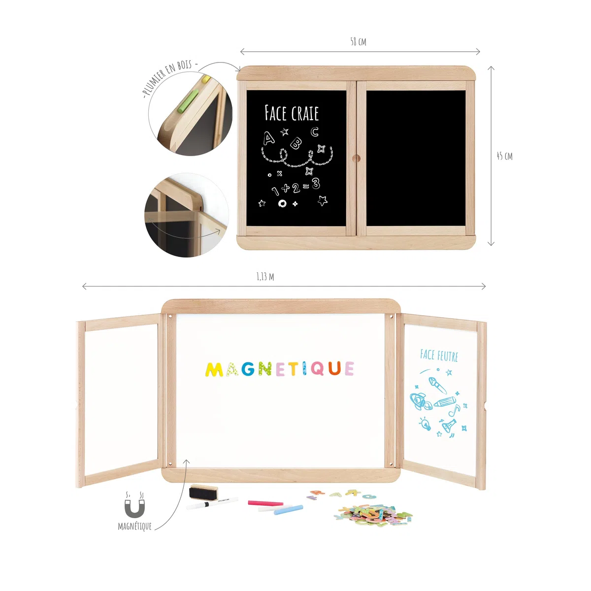 Jeujura - Tableau Mural Triptyque Magnétique - Ardoise Centrale Blanche Magnétique Deux Volets avec Face Blanche et Face Craie - Nombreux Accessoires - Made in France - À partir de 3 Ans - 8807