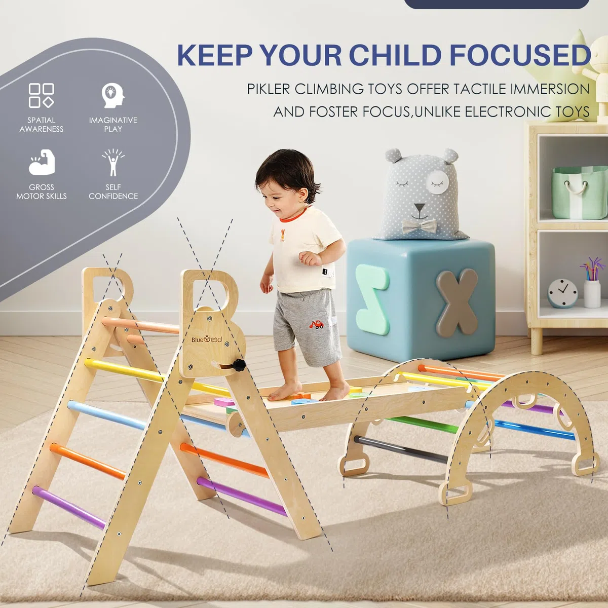 BlueWood 7 en 1 Triangle d'escalade Montessori Enfants, Arc d'escalade Montessori en Bois Hêtre avec Toboggan & Échelle, Charge 50KG, pour Tout-Petits Bébé 1 Ans+(Arc-en-Ciel)