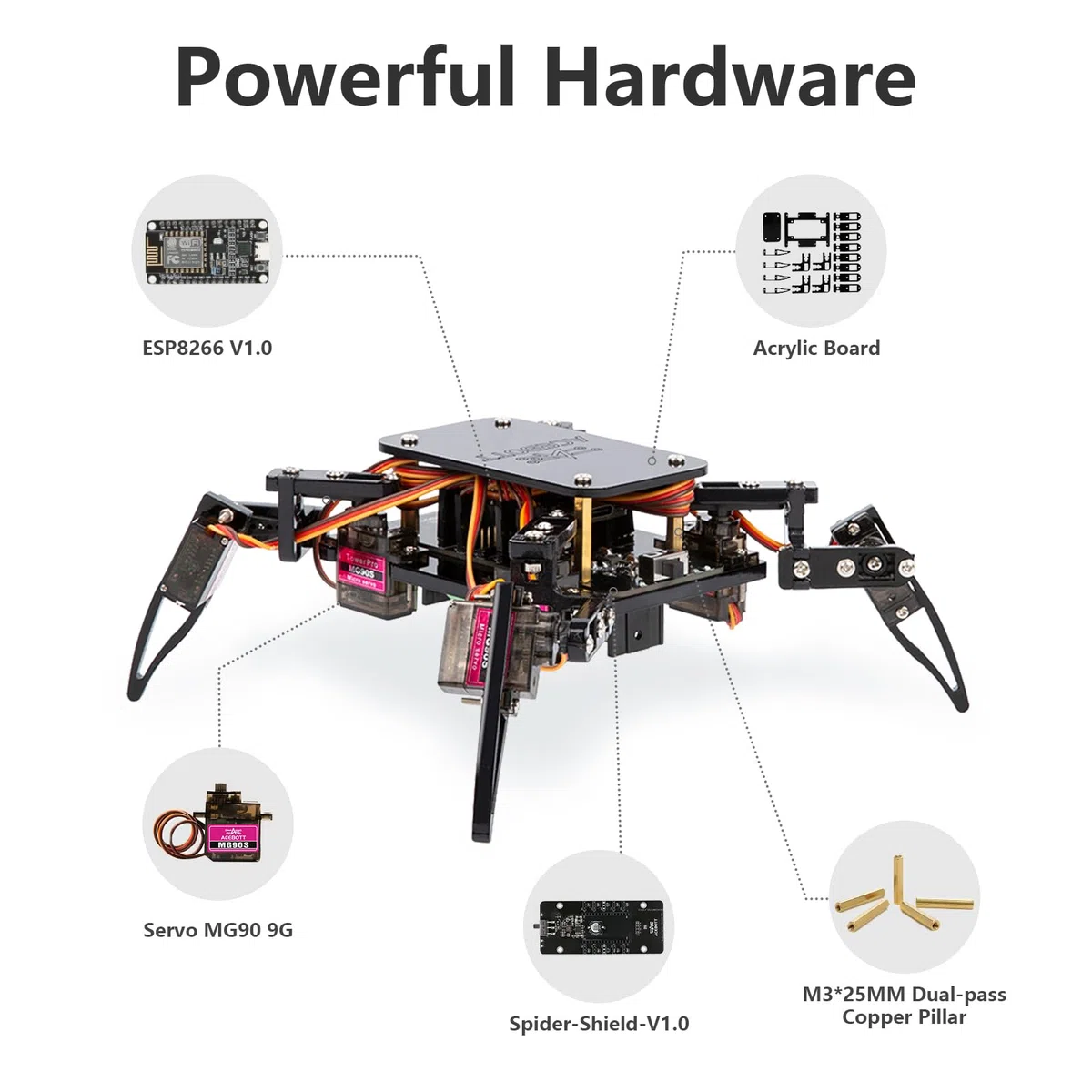 ACEBOTT Quadruped Bionic Spider Robot, Kit d'apprentissage STEM QD020, Noir, Contrôle par Application, Robot Programmable pour Enfants 8+ Ans, avec Batterie 18650