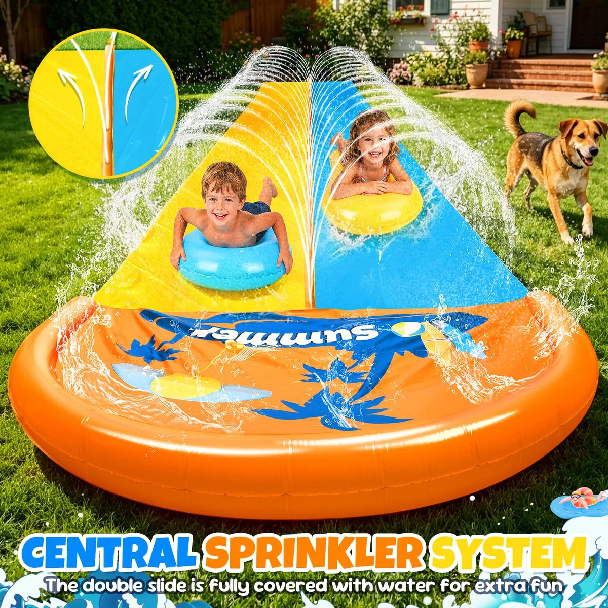 JONRRYIN 950cm Toboggan Aquatique, 155cm Toboggan de pelouse avec Arroseur Doubletoboggan à Eau avec 2 Planches Gonflables pour Pelouse et Jeux d'eau en Extérieur