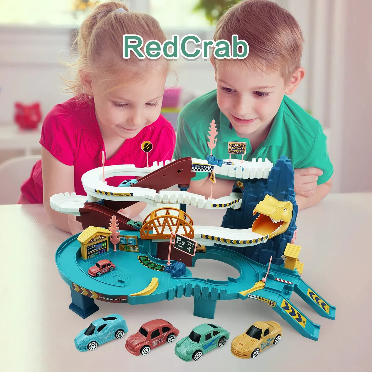 RedCrab Circuit Enfant, Dino Circuit avec 4 Voiture Jouets et Rails pour 3-14 Ans, Festival Cadeau Garçon/Fille