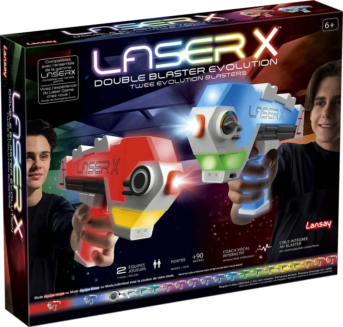 Lansay - Laser X - Double Blaster Evolution - Laser Game- 2 Pistolets Laser sans Fil pour Enfants dès 6 Ans - Cible Intégrée - Portée 90m - Intérieur ou Extérieur - 20 Couleurs de Laser - 2 Joueurs