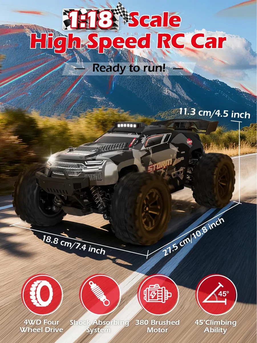 Kiztoys Voiture Télécommandée 1:18 4WD 40 km/h RC Tout Terrain | 2,4 GHz, Avec Lumières, Grande Autonomie, Réaction Rapide, Buggy Radiocommandée, Jouet Cadeau pour Enfant Adulte, 8+