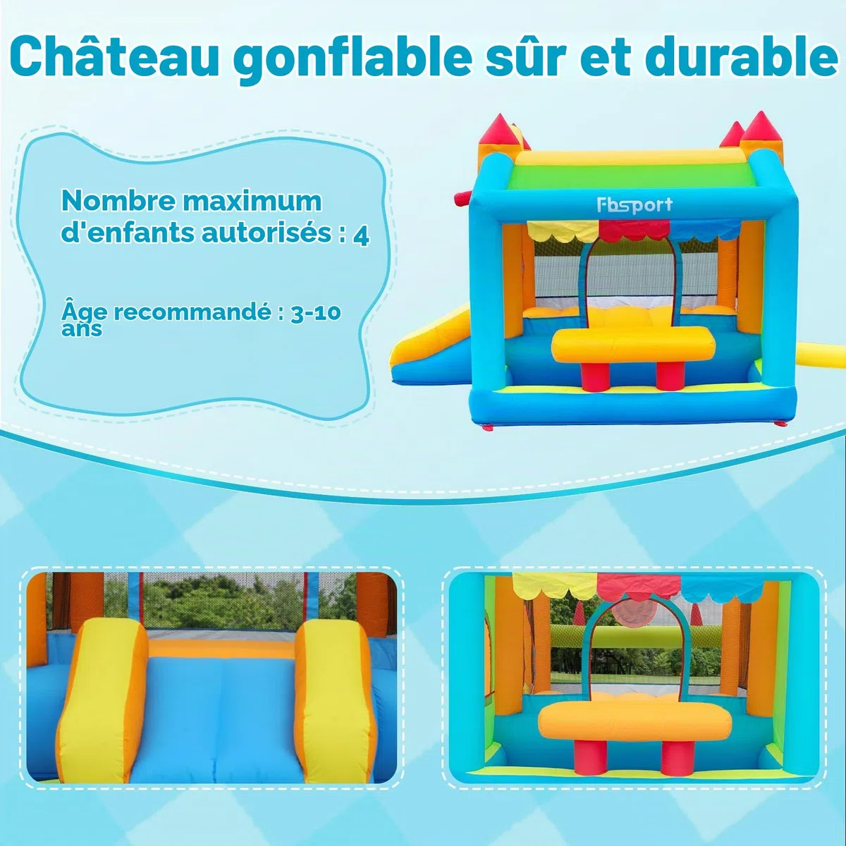 FBSPORT château Gonflable Exterieur Enfant avec souffleur Aire de Jeux Gonflable château Gonflable Piscine Meilleur Cadeau de Vacances/d'anniversaire pour Les Enfants