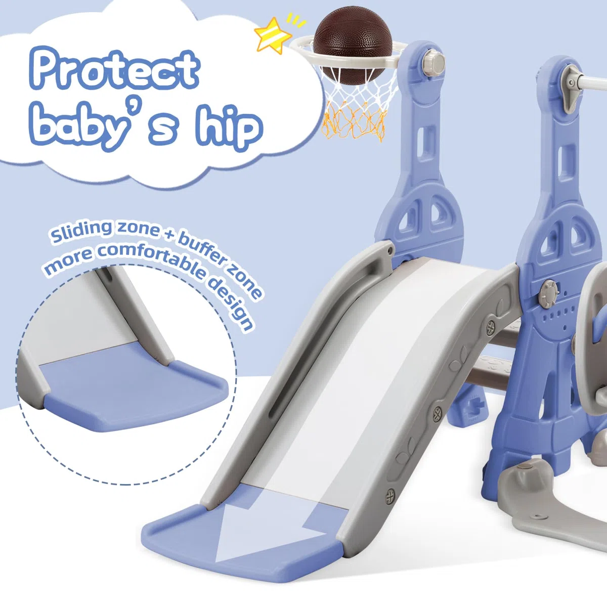 Toboggan pour Enfant 4 en 1, Toboggan pour Bébé avec Panier de Basket, Fauteuil à Bascule, Balançoire, Toboggan Intérieur et Extérieur Enfant Toboggan pour Tout-Petits (Bleu, 140x118x82)