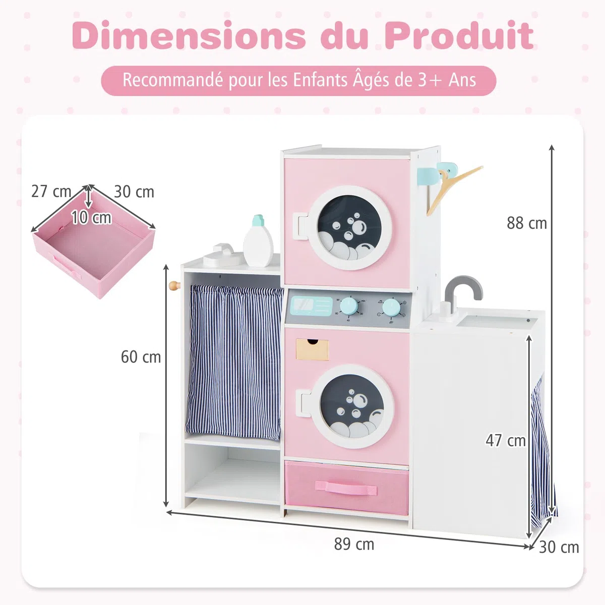 COSTWAY Machine à Laver Enfant avec Fer à Repasser et Lavabo, Buanderie Enfant en Bois avec Tiroir en Tissu Pliable et 3 Cintres, Détergent à Lessive, Jeu de Lave-Linge pour 3 Ans+