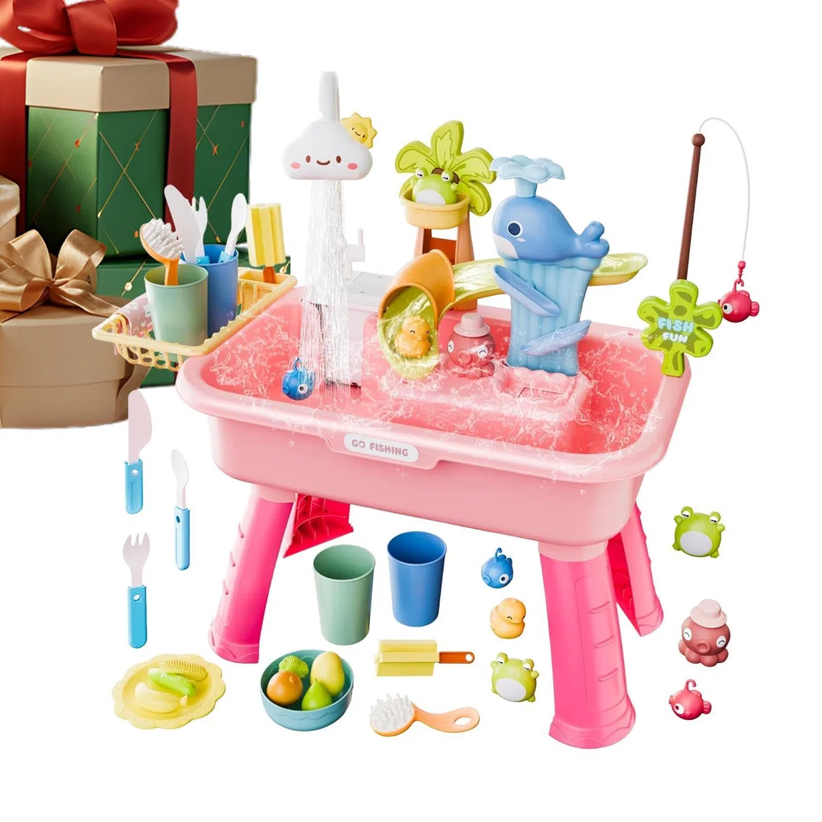 Table De Jeu 4-en-1 Pour En-fants Avec Pompe 54x29x53cm Table D'eau Enfant Exterieur Tables Exterieur Jouet Sur La Plage Arrière Tables D‘Eau Avec Ensemble D'accessoires Pour En-fants De 3 Ans Et Plus