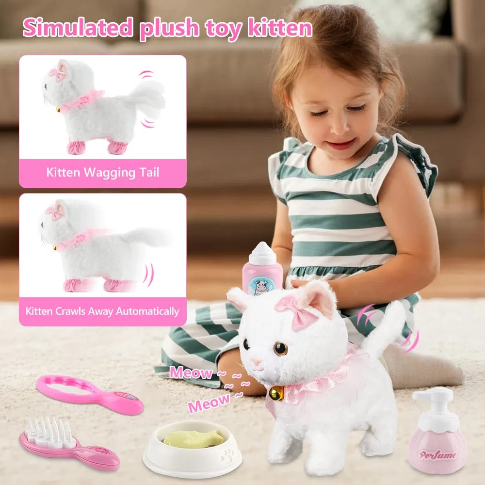 Lotvic Jouet Électronique en Peluche, Animal Chat Électronique, Chat Interactif Qui Marche et Miaule avec Laisse Télécommandée, Chats en Peluche Électroniqu, Cadeaux de Jouets pour Enfant de 3-6 Ans