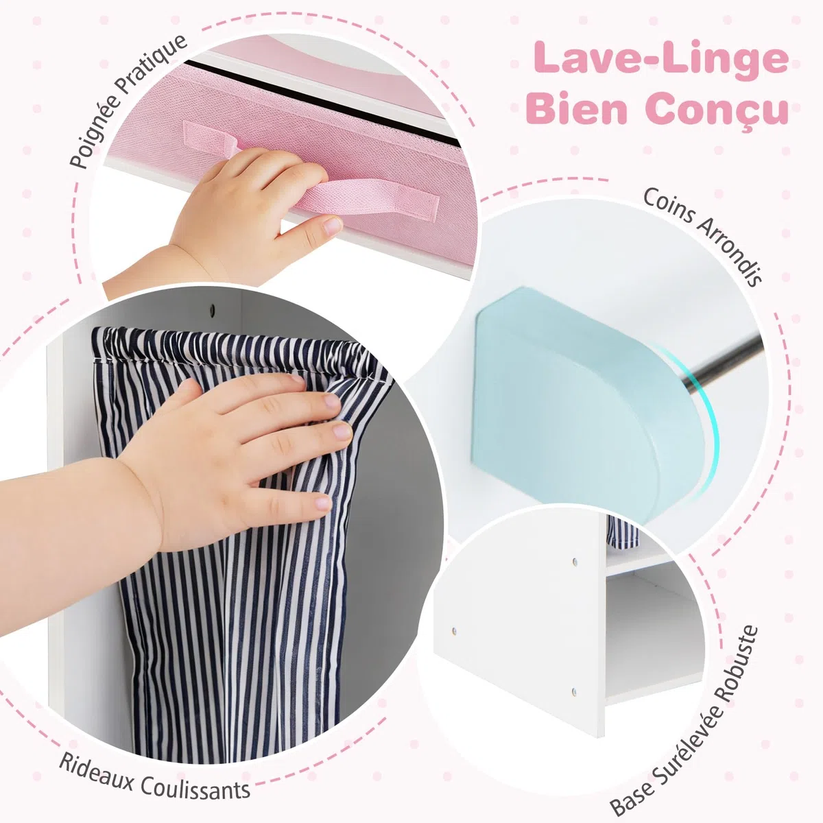 COSTWAY Machine à Laver Enfant avec Fer à Repasser et Lavabo, Buanderie Enfant en Bois avec Tiroir en Tissu Pliable et 3 Cintres, Détergent à Lessive, Jeu de Lave-Linge pour 3 Ans+