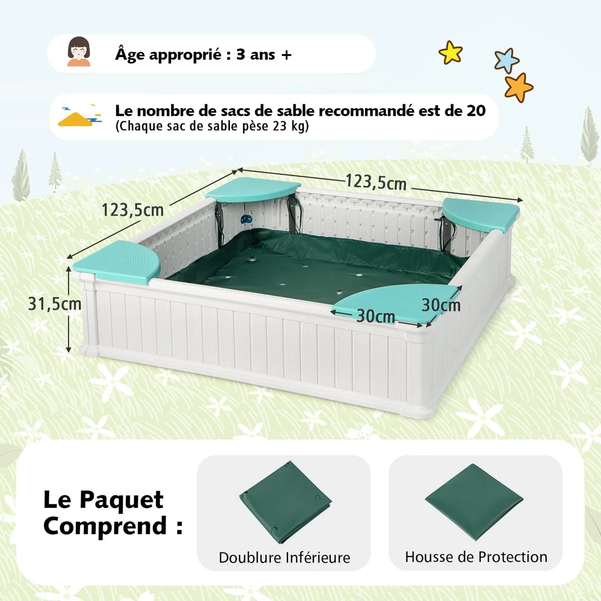 COSTWAY Bac à Sable Enfant Extérieur en HDPE avec 4 Bancs, Bac à Sable avec Couvercle en Tissu et Doublure, Charge 50kg de Chaque Banc, Jeux Extérieur pour Jardin Terrasse Cour, 3 Ans+ (Blanc)